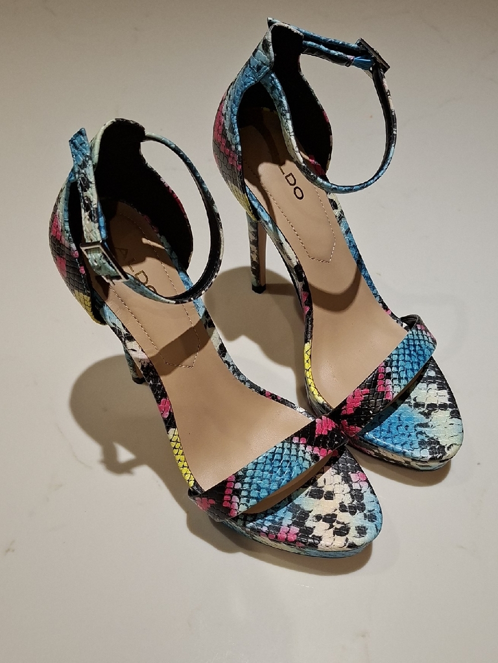 Aldo Leather Rainbow-print Snakeskin Platform Strappy Heeled Sandals (Size US 6) - Picture 2 of 8